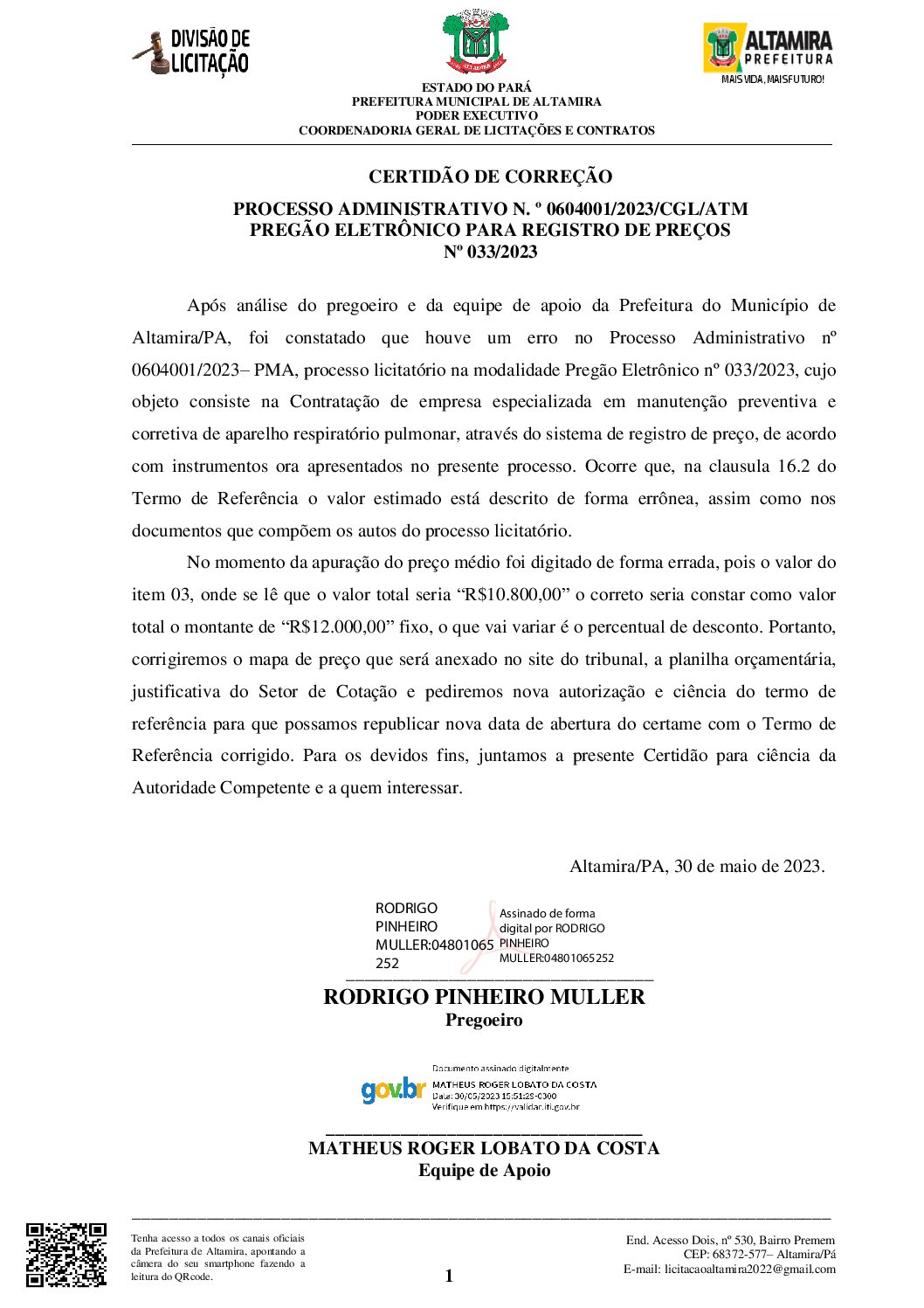 CERTIDÃO correção - Prefeitura Municipal de Altamira | Gestão 2025-2028